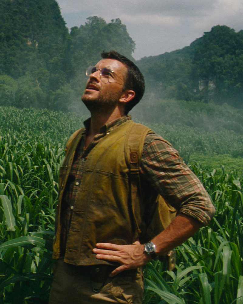 Jonathan Bailey wears the Railmaster in Jurassic World Rebirth