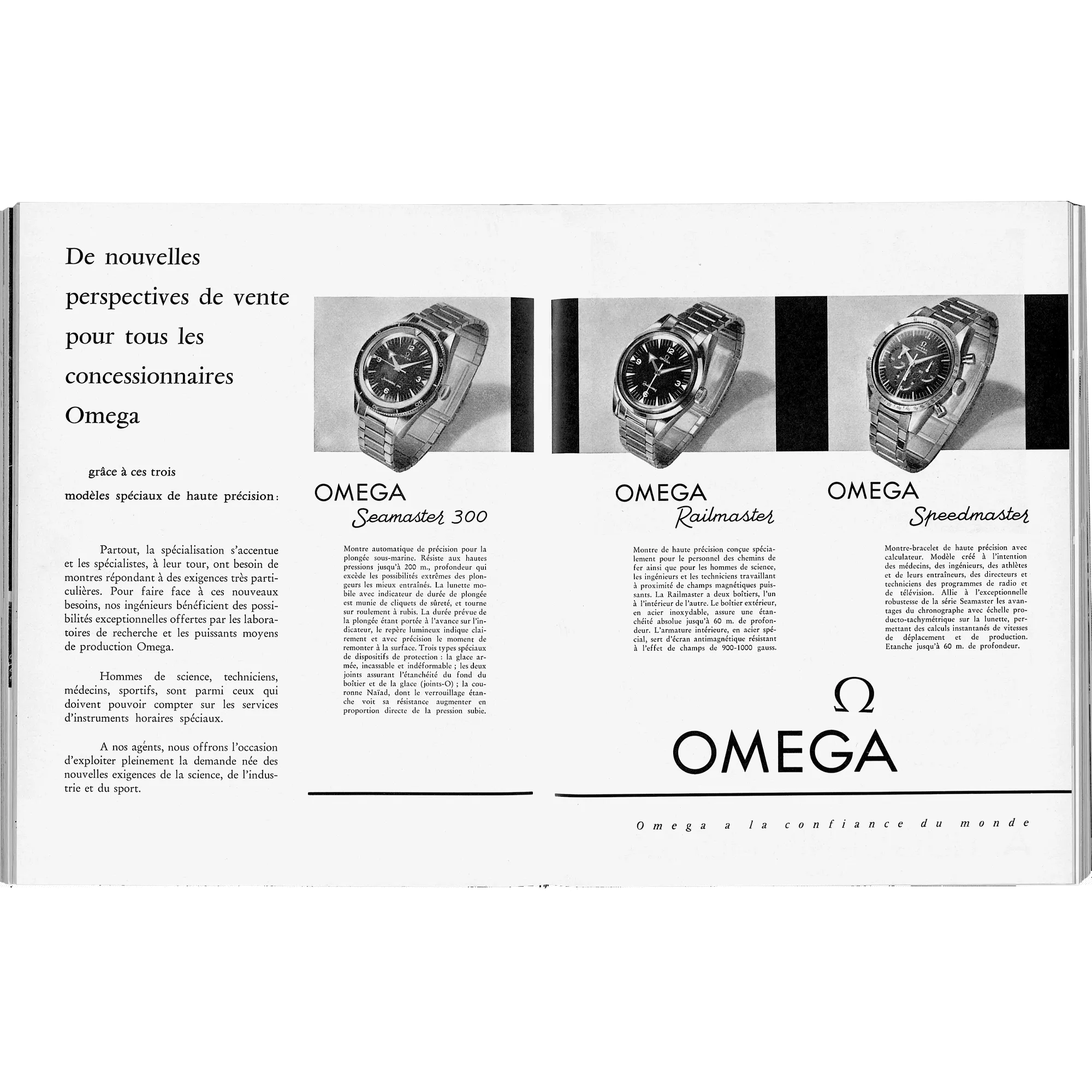 Vintage Omega advertisement showcasing the Seamaster 300, Railmaster, and Speedmaster watch collections.