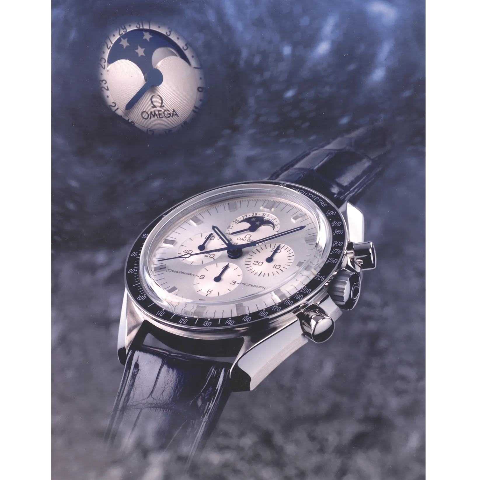 Apollo 11 watch and closeup on the moonphase complication